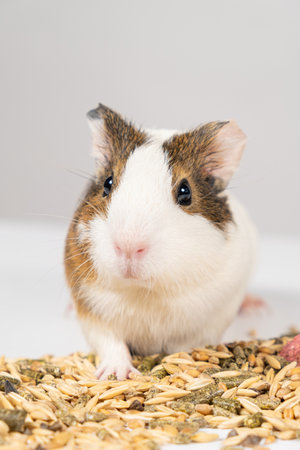 A small guinea pig sits near the feed on a white background.の写真素材
