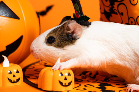 Sinister guinea pig celebrates Halloween, holds a glowing pumpkin with its pawの写真素材