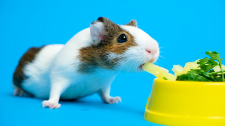 A funny guinea pig reaches for sheep in a yellow plate on a blue background.の写真素材