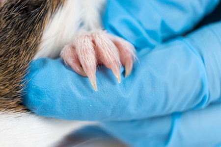 The veterinarian shows the claws of a small guinea pig.
