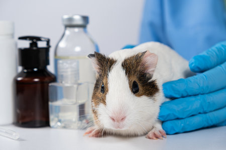 Small white guinea pig at the vets appointment at the veterinary clinic