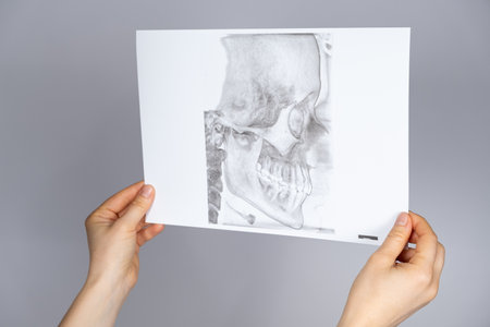 The doctor holds a CT scan of a patient with temporomandibular joint dysfunction and malocclusion