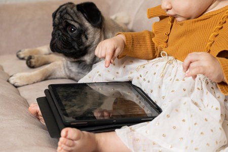 A one-year-old girl with a pug watches cartoons on a tablet sitting on the couch. Gadgets for kids, screen time.の写真素材