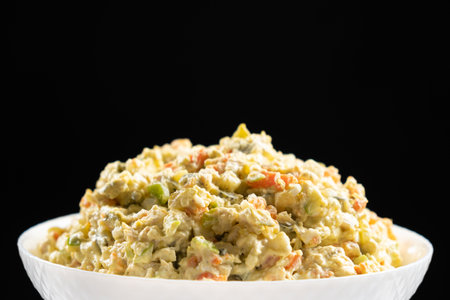 Olivier russian salad - a classic recipe with mayonnaise, an incredible taste, homemade recipeの写真素材