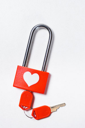 Happy Valentines Day - Love Lock and Red Keys on White Background Top View Isolate