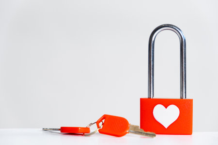Happy Valentines Day - Love Lock and Red Keys on White Background, place for text