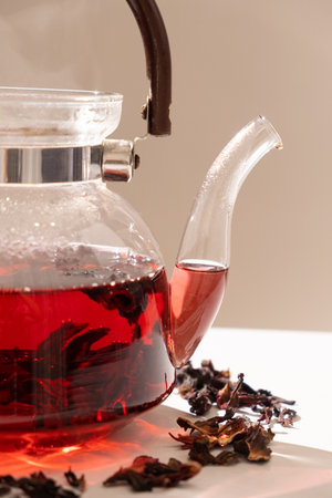 Red hibiscus tea from the petals of a Sudanese rose in a glass teapot.の写真素材