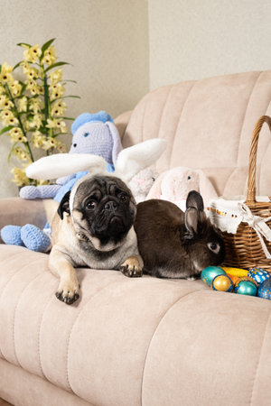 Easter Pug and Rabbit, Dog with Rabbit Ears, Pet Friendship at Homeの写真素材