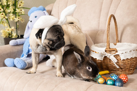 Easter Pug and Rabbit, Dog with Rabbit Ears, Pet Friendship at Homeの写真素材
