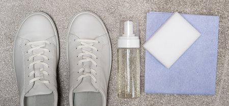 White leather shoe cleaning kit - foam, rag and sponge.の写真素材