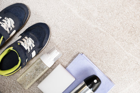 Set for cleaning childrens shoes, sneakers - foam, water-repellent spray, sponge and rag.の写真素材