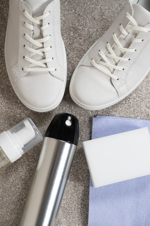 White leather shoe cleaning kit - water-repellent spray, foam, rag and spongeの写真素材