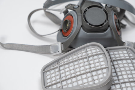 Respirator with dust and gas filters on a white backgroundの写真素材
