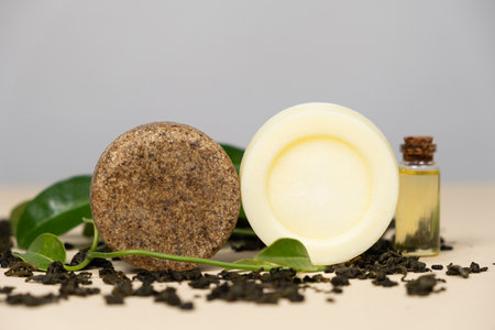 Solid shampoos for hair care, eco-friendly natural cosmetics made from herbs and oils.の写真素材