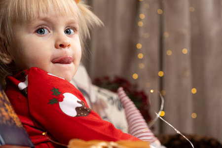 Portrait of a two-year-old blonde girl at Christmas, place for textの写真素材