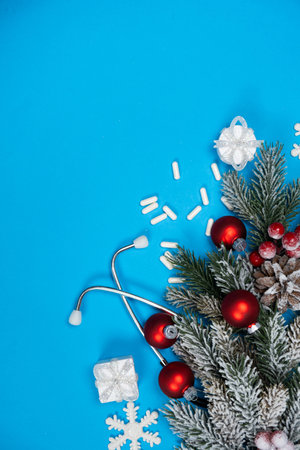Medical Christmas and New Year Greeting Card with Space for Text on Blue Backgroundの写真素材