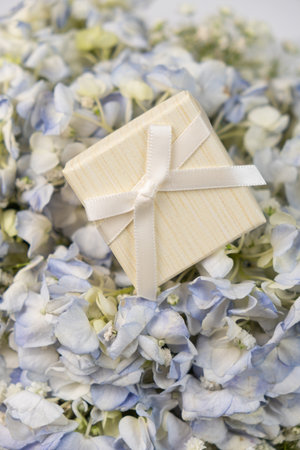 A gift box on a bouquet of hydrangea flowers on a white background.