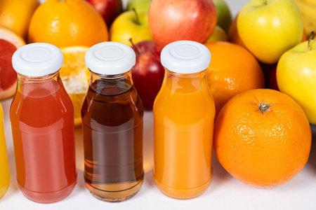 Assortment of fruit juices in glass bottles among fruits on white background.の写真素材