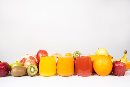 Different fruit juices in glasses on white background with space for text.の写真素材