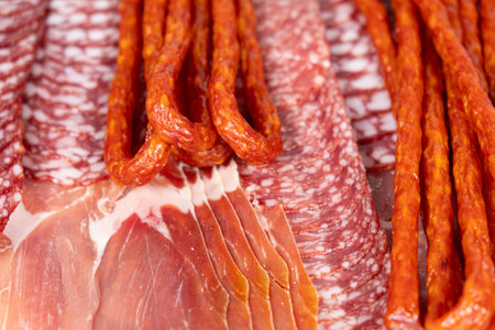 Various cold meat appetizers - Spanish ham cerrato, salami, sausages.の写真素材