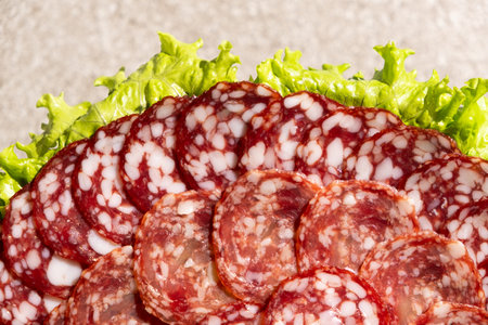 Thinly sliced salami slices close-upの写真素材