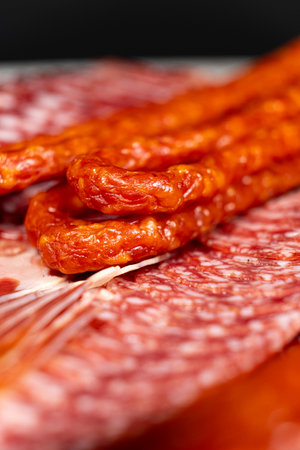 Smoked sausages among cold cuts.の写真素材