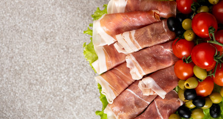 Traditional serrano ham, dry-cured pork jamon.の写真素材