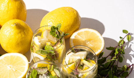 A glass of refreshing lemon water with mint.