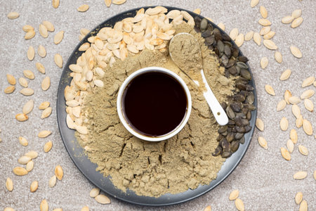 Pumpkin products - oil, flour and pumpkin seedsの写真素材