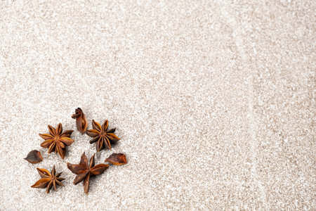 Spice star anise closeup on gray stone background, copy space for text.