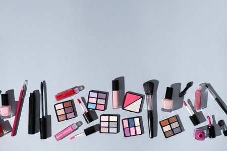 Makeup on Blue Background, Text Space, Top Viewの写真素材