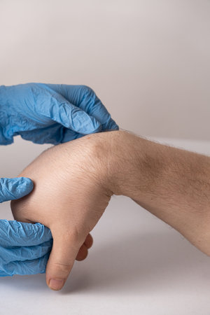 Ganglion cyst or hygroma of the wrist on the hand of a male patient, examination by a doctor