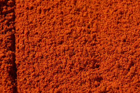 Ground paprika, red terracotta spice background, art in cooking