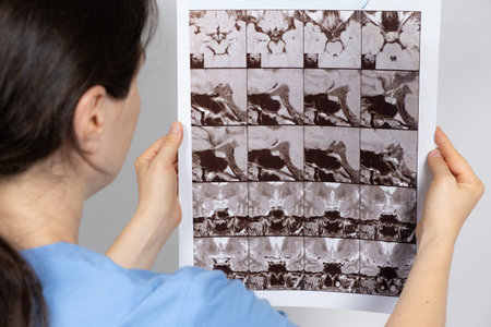 The doctor holds an MRI image of the pituitary gland of a healthy personの写真素材