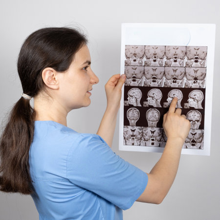 The doctor holds an MRI image of the pituitary gland of a healthy person