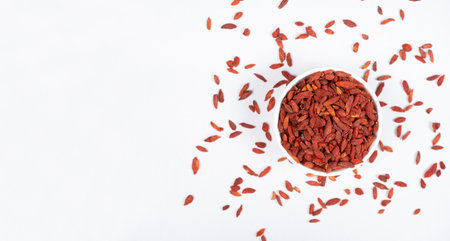 Dried Goji berries Lycium barbarum top view, copy space for text.の写真素材