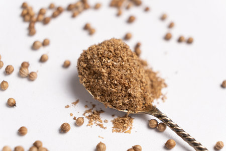Ground coriander natural spice in a spoon close-upの写真素材