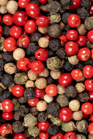 Background of a mix of colorful peppercorns top view.の写真素材