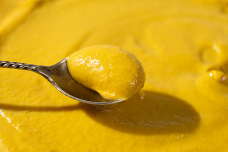 Traditional spicy mustard sauce in a spoon close-upの写真素材