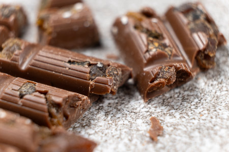 Milk chocolate pieces with raisins on a gray stone background