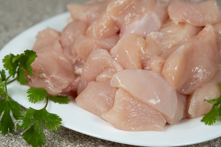 Close-up of pieces of uncooked fresh raw chicken fillet in a plateの写真素材