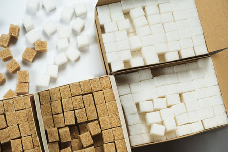 Cubes of demerara cane sugar and white beet sugar top view.の写真素材