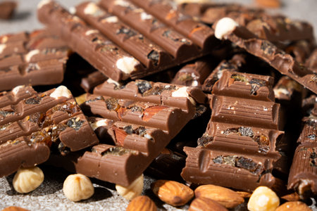 Close-up of milk nut chocolate. Healthy sweets, lactose-free and sugar-free chocolate.の写真素材