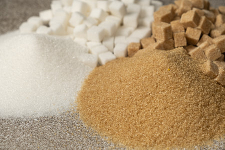 Types of sugar - cane unrefined and white beet refined, crystalline and in the form of cubesの写真素材
