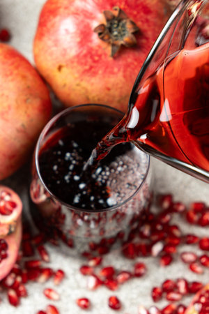 Pomegranate juice pouring from jug into glass, top view.の写真素材