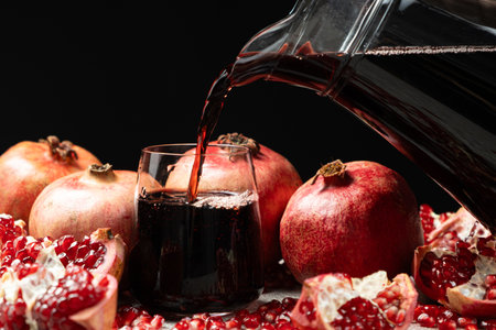 Pomegranate juice pouring from jug into glass.