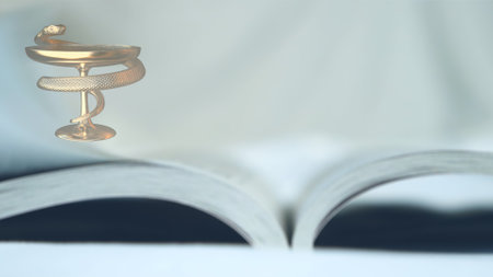 The symbol of medicine is a bowl with a snake and an open book.の写真素材