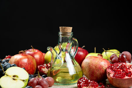 Vinegar in glass vinegar bowl cruet on black background among fruits.