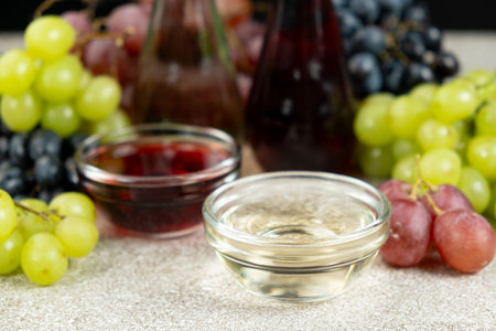 White Wine Vinegar, Red Wine Vinegar and Grapes.の写真素材