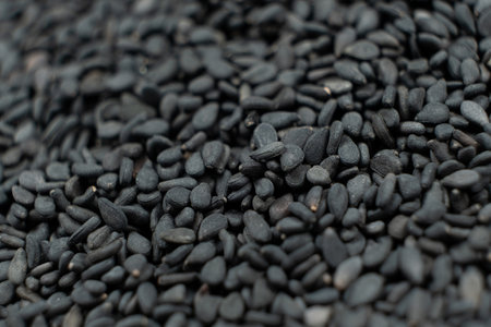 Healthy black sesame seeds textured background.の写真素材